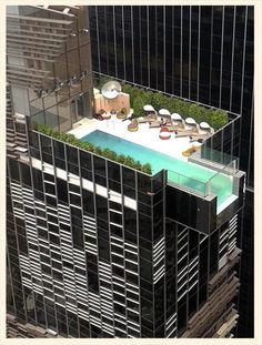 an elevated swimming pool on top of a building in new york city, with skyscrapers in the background