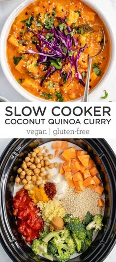 slow cooker coconut quinoa curry with broccoli, carrots and other vegetables