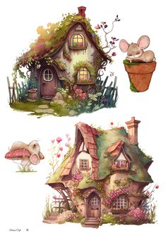 two illustrations of houses with flowers and plants on them, one in the shape of a house