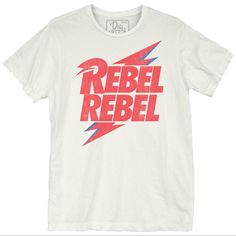 David Bowie Shirt Displays Signature Aladdin Sane Bolt With Rebel Rebel; 100% Cotton Fabric - Adult Unisex Shirt, M - Vintage White Color, Enzyme Vintage Washed Look - Hand Grinding Detail On Neckline And Sleeves Giving A Destroyed/Hole Look - Licensed David Bowie Apparel Nwot Note Intentional Distressing In Collar And Sleeves Bowie Tshirt, David Bowie Shirt, Bowie Shirt, David Bowie T Shirt, Shirt Display, Ziggy Stardust, Golden Years, David Bowie, Labyrinth