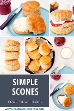 simple scones with jam and cream on the side are shown in this collage