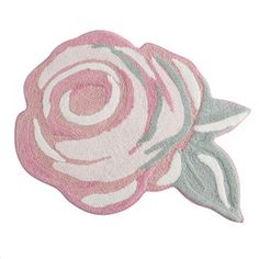 a bath mat with a flower on the front and back of it in pink, grey and white colors