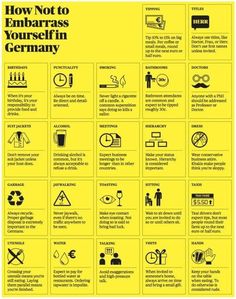 a yellow poster with instructions on how to embarrass yourself in germany and other countries