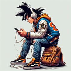 a young man sitting on top of a bag while listening to headphones