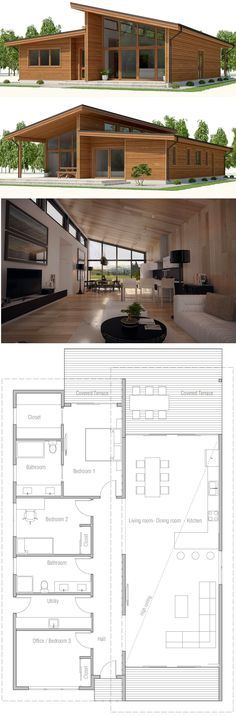 two different views of the inside and outside of a house, one showing an open floor plan