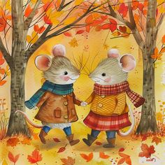 two mice are holding hands in the fall leaves