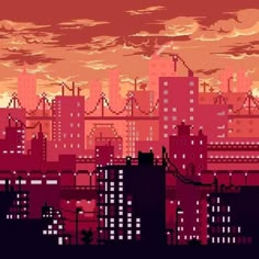 an image of a city at night with red and orange colors in the sky,