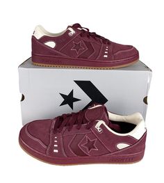 One pair of new in box unisex adult Converse AS-1 Pro Ox CONS Skate Shoes/Sneakers (A06658C). The color is Dark Burgundy/Egret/Gum, and the size is men's US 13 (ftis women's US 14.5) (UK 12, EUR 47.5, CM 31). Specifications: Suede material upper Low top Embossed One Star and AS-1 logo on side Rubbed outsole with stitched accents and Converse spellout CONS logo on back heel Sablone logo on tongue   Shipping: We ship all items within 24 hours excluding weekends and federally recognized holidays. R Converse One Star Mid, Converse Star Shoes, Converse Sneakers With Laces For Sports, Converse Round Toe Skate Shoes For Sports, Converse Skate Shoes With Round Toe For Sports, Converse Skate Shoes With Boost Midsole For Streetwear, Converse Sneakers For Sports, Converse Mid-top Skate Shoes With Boost Midsole, Converse Sneakers With Perforated Toe Box For Sports