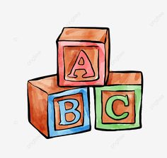 three blocks with the letters abc and c on them, drawn in colored pencils