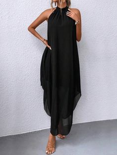 Sleeveless Solid Asymmetrical Party Dress, Sleeveless Chiffon Asymmetrical Dress, Black Sleeveless Asymmetrical Summer Dress, Casual Black Asymmetrical Sleeveless Dress, Solid Chiffon Sleeveless Maxi Dress, Summer Sleeveless Black Dress With Asymmetrical Hem, Black Sleeveless Summer Dress With Asymmetrical Hem, Black Sleeveless Asymmetrical Dress For Spring, Sleeveless Asymmetrical Dress For Summer Evenings