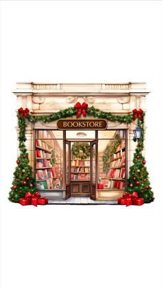 a book store with christmas decorations and presents on the front door, watercolor painting