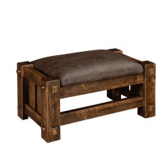 a wooden bench with leather seat cushion