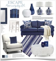 a blue and white living room is featured in the magazine's catalog, escape