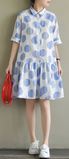 Natural lapel half sleeve Cotton quilting dresses Inspiration blue dotted Dress summer Cotton Summer Dresses For Women Casual, Short Cotton Dresses Summer, Nature Inspired Dress, Midi Length Summer Dresses, Summer Dresses Diy, Teenage Dress, Cotton Dresses Summer, Dotted Dress, Shift Dress Casual