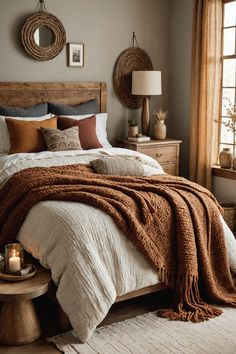 a bed with blankets and pillows in a bedroom next to a window filled with candles