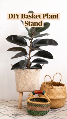 three baskets sitting next to each other on top of a rug with the words diy basket plant stand