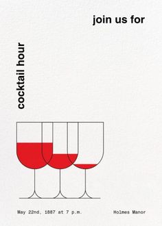 a white card with red wine glasses on it and the words join us for cocktails