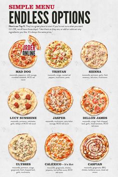 an image of a menu page with pizzas and other toppings on the menu