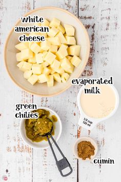 the ingredients to make this recipe include cheese, green chile sauce, and white american cheese