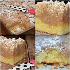 four different pictures of cake with powdered sugar on top and in the middle, there is a piece missing