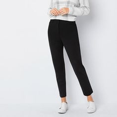 Made from a soft stretch ponte fabric, Liz Claiborne's Emma pants are a versatile base to style with everything from a t-shirt to a button-down and blazer. This ankle-length pant is cut for a slim-fit with a hook-and-eye with a zip closure and side and back pockets.Front Style: Pleated FrontFeatures: Stretch FabricClosure Type: Zipper, Button W/Hook&eyeFit: Slim FitPockets: 2 Back Slip Pockets, 2 Front Slip PocketsRise: Mid RiseFiber Content: 70% Rayon, 25% Nylon, 5% SpandexFabric Description: P Casual Black Dress Pants, Black Pants Outfit Casual, Black Dress Pants Outfits, Comfortable Dress Pants, Minimal Classic Style, Grey Pants Outfit, Dress Pants Outfits, Ankle Pants Women, Work Outfit Inspiration