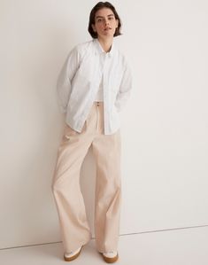 Made of a drapey TENCEL lyocell and linen blend, these wide-leg pants have sailor-inspired button tabs at the waist.Full-length inseam that hits right above the ground when worn with heels.11 3/4" rise, 23" leg opening, 27 1/2" inseam. Regular inseam: 30"; tall inseam: 33".48% TENCEL lyocell/33% cotton/19% linen.Do Well: TENCEL lyocell fibers are derived from sustainable wood sources in a closed-loop process; for each piece made at the Fair Trade Certified factory, we contribute to a Community D Sustainable Womens Clothing, Wide Leg Crop Pants, Tan Pants, Wide Leg Cropped Pants, Petite Pants, Loose Blouse, Madewell Denim, Women Pants Casual, Pull On Pants