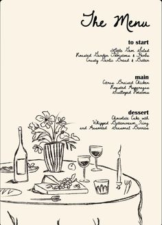 the menu for an event with wine glasses and flowers on a round table, surrounded by candles