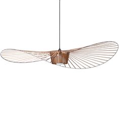 a bird shaped light fixture hanging from the ceiling, with wire attached to it's wings