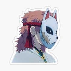 an anime character with red hair and blue eyes wearing a demon mask sticker on a white background