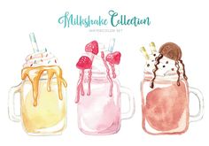 three mason jars with ice cream, milkshake and strawberries in them on a white background