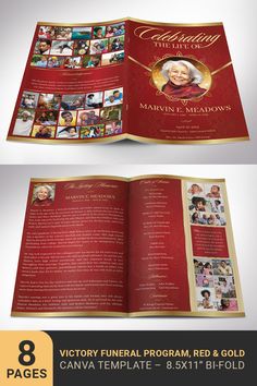 Victory Funeral Program Template for Canva, Red Gold, Celebration of Life, Obituary Template for Wom Opening Prayer, Event Program, Memorial Service