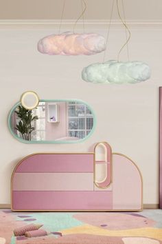 Pink kids bedroom with cloud suspension lamps Girl Room Inspiration, Circu Magical Furniture, Magical Furniture, Pink Girl Room, Cloud Lamp, Luxury Girl, Girl’s Room, Small Mirrors, Pink Bedroom