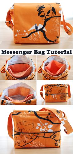 an orange messenger bag with birds on it