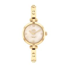 Set a sophisticated tone day or night with this ladies' Coach Cary gold-toned ion-plated bangle watch with a mother-of-pearl dial. The gold-toned mother-of-pearl dial features gold-toned hands and markers. 26.0mm gold-toned ion-plated stainless steel case with mineral crystal Japanese quartz movement keeps accurate time. The gold-toned stainless steel bangle bracelet shines with signature "C" details and secures with a jewelry clasp. Water resistant to 30 meters, this watch includes a 2-year lim Coach Watch, Bangle Watches, Stainless Steel Bangles, Jewelry Clasps, Mesh Bracelet, Fancy Jewelry, Vintage Pearls, Minerals Crystals, Dream Wardrobe