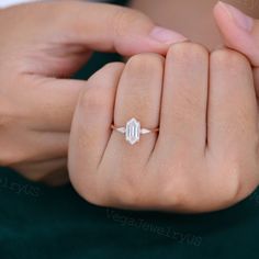 Long Hexagon Moissanite Engagement Ring Unique Rose Gold - Etsy Unique Rose Gold Engagement Ring, Dainty Promise Ring, Unique Engagement Rings Rose Gold, Hexagon Engagement Ring, Unique Diamond Engagement Rings, Engagement Ring Unique, Hexagon Diamond, Unique Roses, Lab Diamond Engagement Ring