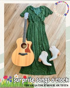 a green sparkly maxi dress that resembles Taylor Swift's Green Surprise Song Dress. Eras Tour Outfits. Outfit Ideas Eras Tour, Surprise Song Dress, The Eras Tour Outfit, Sparkly Maxi Dress, Pink Flowy Dress, Black Sequin Shorts, Red Cowboy Boots