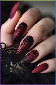 Red Black Matte Nails, Dark Red Gel Nails Design, Dark Festive Nails, Wedding Nails Autumn, Matte Black And Red Nails, Nails Red And Black Design, Goth Red Nails, Vampire Inspired Nails, Bordeaux Nails Design