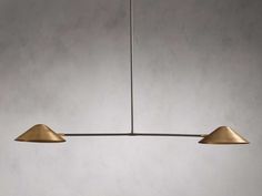 two brass colored lights hanging from a ceiling fixture in a room with concrete walls and flooring