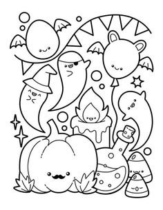 a black and white drawing of halloween characters with pumpkins, bats, candles and stars