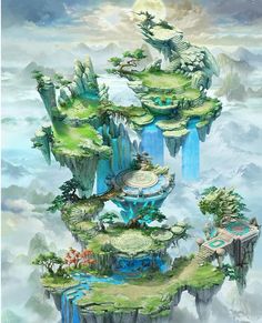 the floating island in the sky is surrounded by water lilies and trees, while clouds are