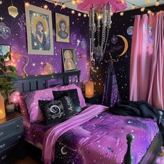 a bed room with a neatly made bed and purple curtains on the windowsills