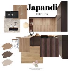 an image of a kitchen with brown and white colors in it's design scheme