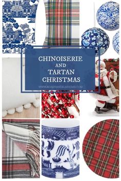 blue and white plaid patterns with the words chinoiserie and tartan christmas