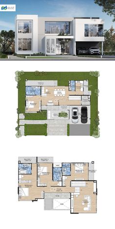 two story house plan with garage and living room in the middle, an open floor plan is