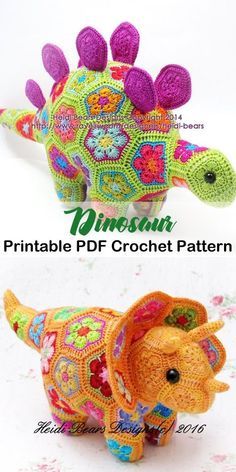 crochet pattern for an elephant toy with flowers on its back and the front