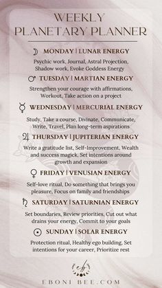 Plan your week using planetary energy. Know which days of the week are best for brainstorming, writing, self-love, shadow work, and magick. Each planet has a unique energetic signature that we can use to our advantage if utilized correctly. Astrology Meaning, Plan Your Week, Spiritual Psychology, Healing Journaling, Astrology Planets, Witch Spirituality, Grimoire Book, Spiritual Journals, Birth Chart Astrology