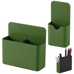 two green bins with pens and pencils in them next to each other on a white background