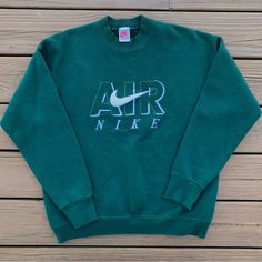 Rare Vintage Early 90s Nike Air Forest Green Sweatshirt Made In Usa Big Nike Air Embroidery In White Across Chest Leather Nike Check Size Large In Amazing Condition No Flaws To Note From A Smoke Free Home 90s Vintage Sweatshirts, Nike Embroidery Sweatshirt, Vintage Nike Sweatshirt, 90s Nike, Green Sweatshirt, Embroidery Sweatshirt, Early 90s, Nike Sweatshirts, Fall Fits