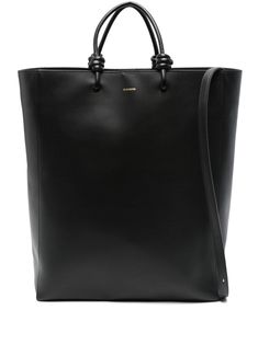 black calf leather smooth grain two top handles knot detailing adjustable detachable shoulder strap logo print to the front main compartment multiple internal slip pockets full lining gold-tone hardware magnetic fastening Jil Sander Bag, Knotted Top, Chanel 2, Demi Fine Jewelry, Summer Beach Wear, Black Tote, Fine Earrings, Large Tote Bag, Ballet Flat Shoes