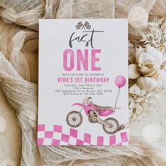 a pink dirt bike first birthday party card